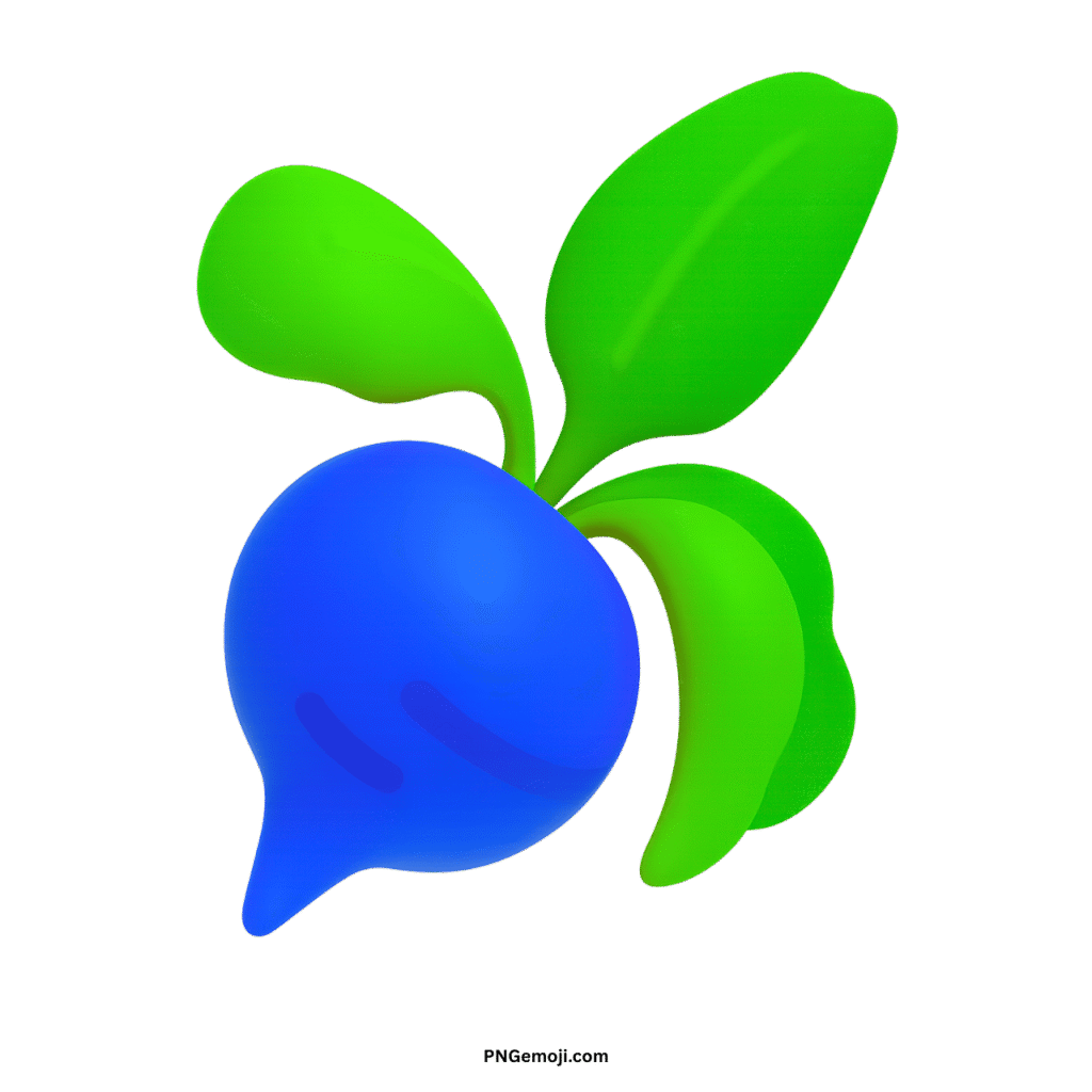 A vibrant blue root vegetable emoji with bright green leaves on a black background.
