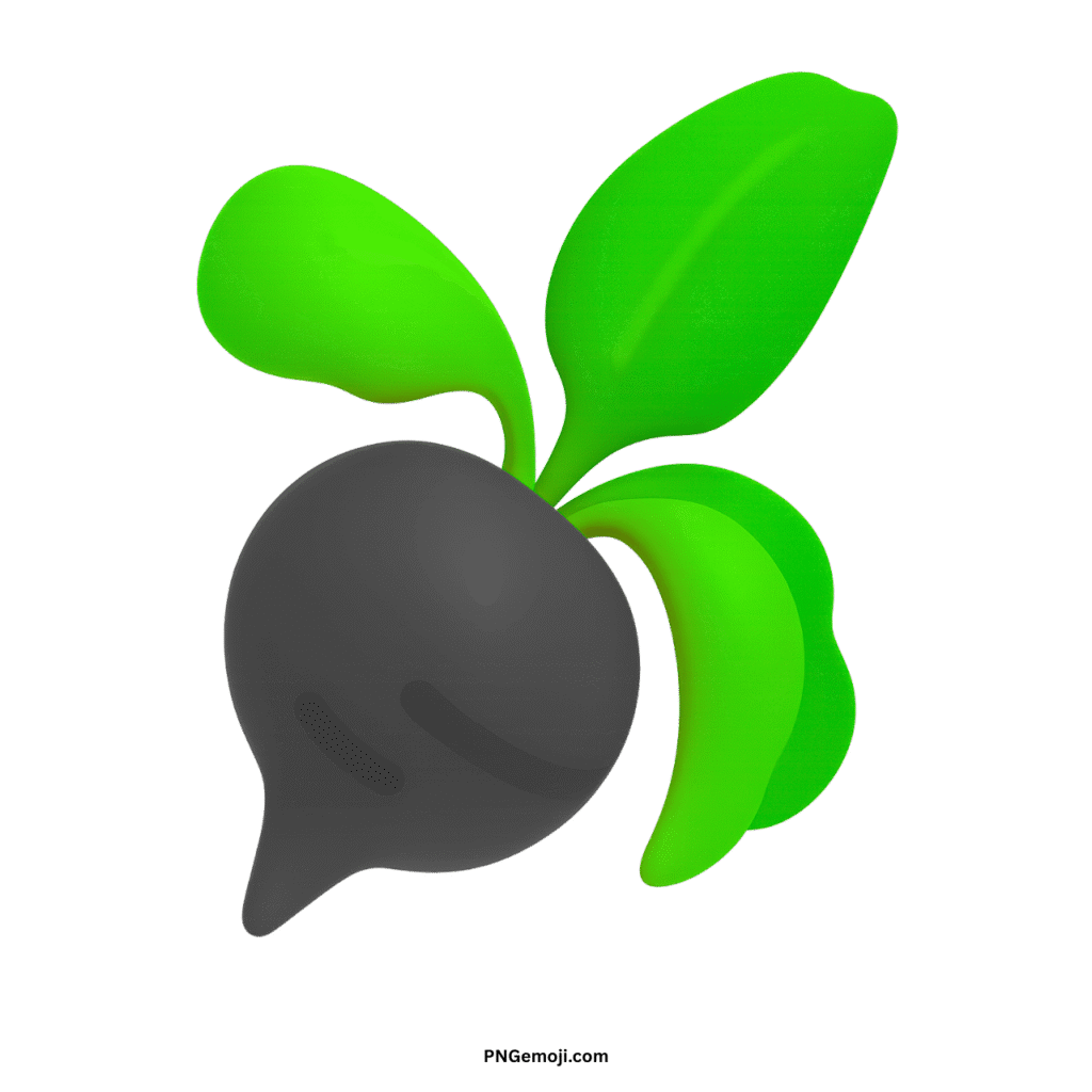  A sleek dark gray root vegetable emoji with vibrant green leaves on a black background.