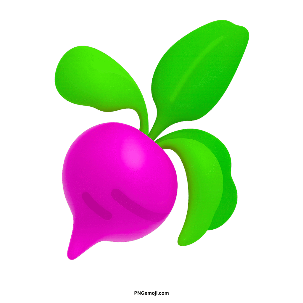 A vibrant pink root vegetable emoji with bright green leaves on a black background.