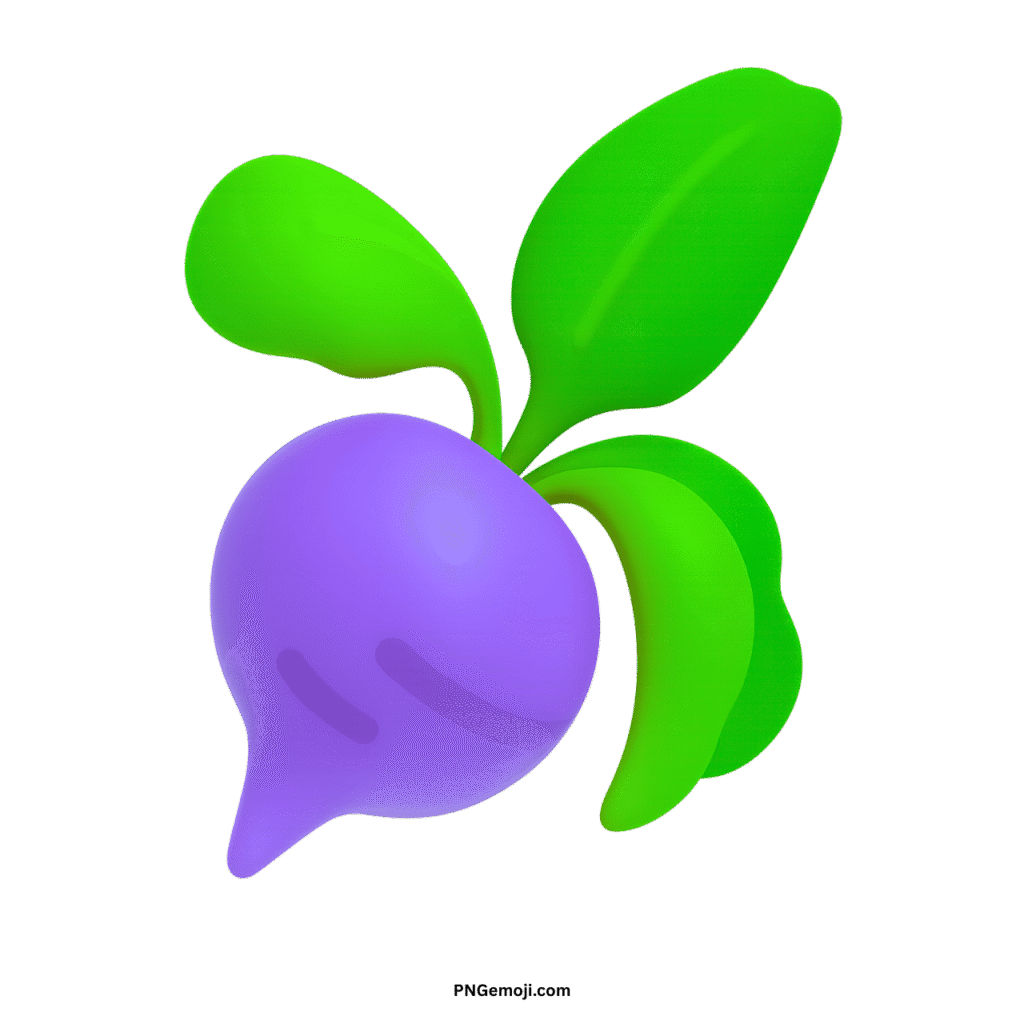 A vibrant purple root vegetable emoji with bright green leaves on a black background.