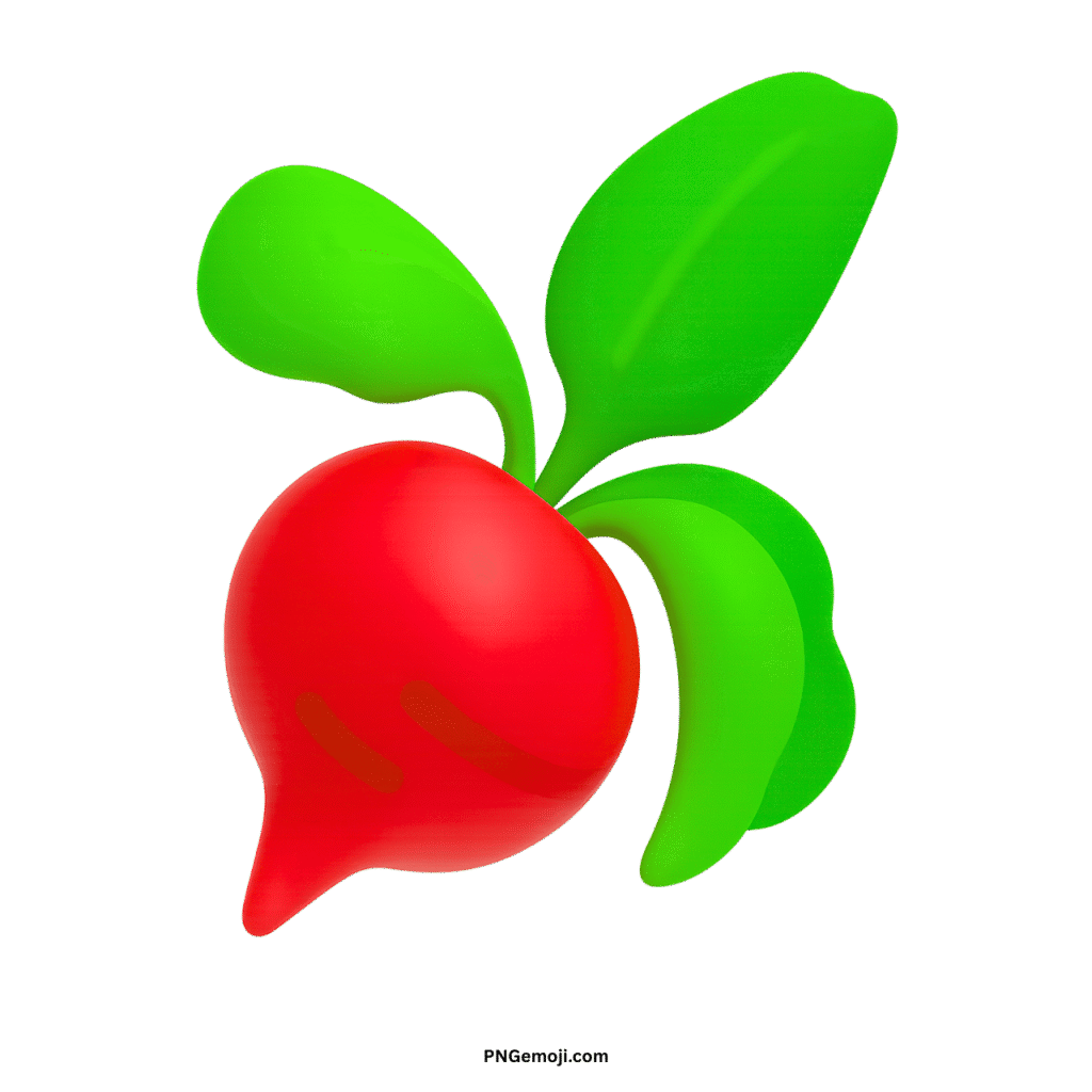  A bright red root vegetable emoji with vibrant green leaves on a black background.