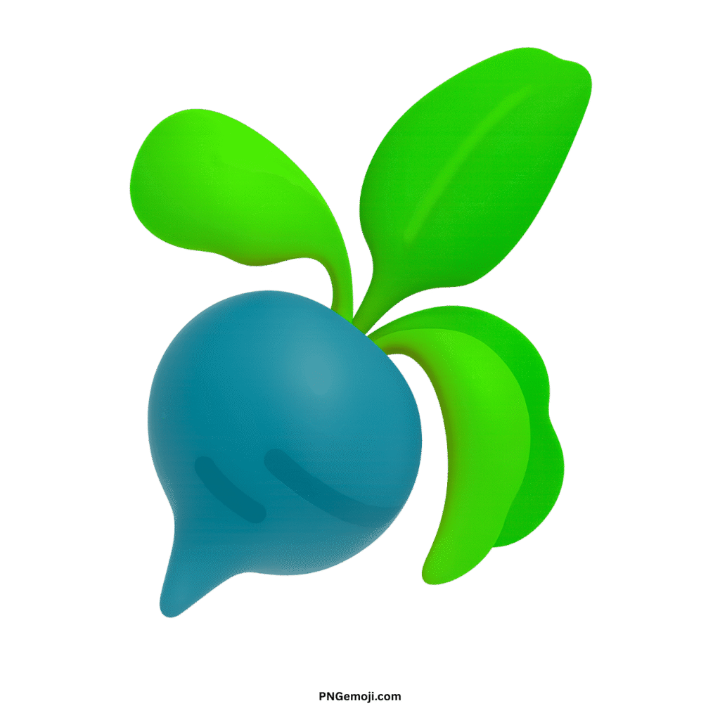 A vibrant teal root vegetable emoji with bright green leaves on a black background.