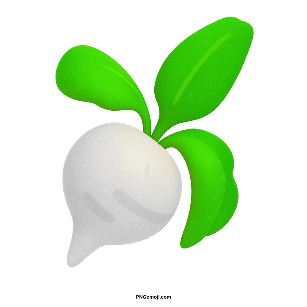  A clean white root vegetable emoji with bright green leaves on a black background.