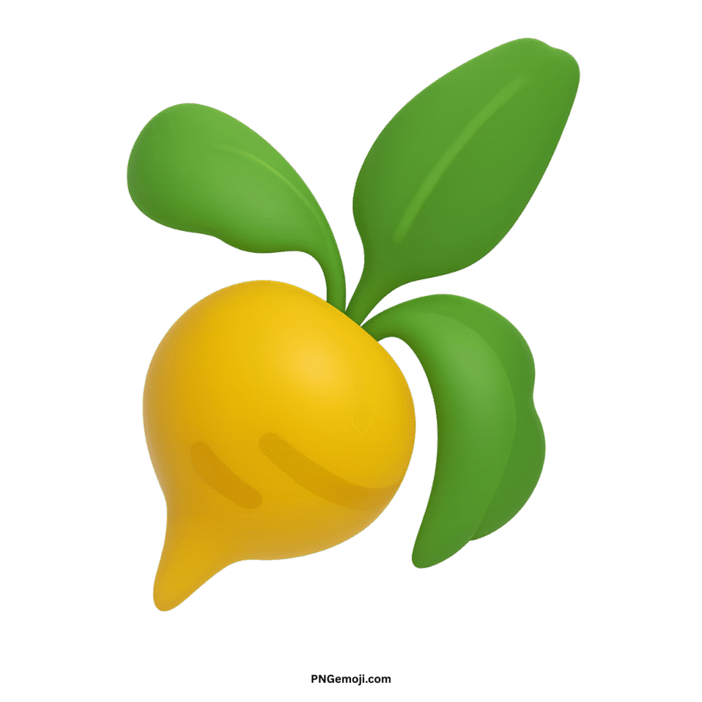 A cheerful yellow root vegetable emoji with lush green leaves on a black background.