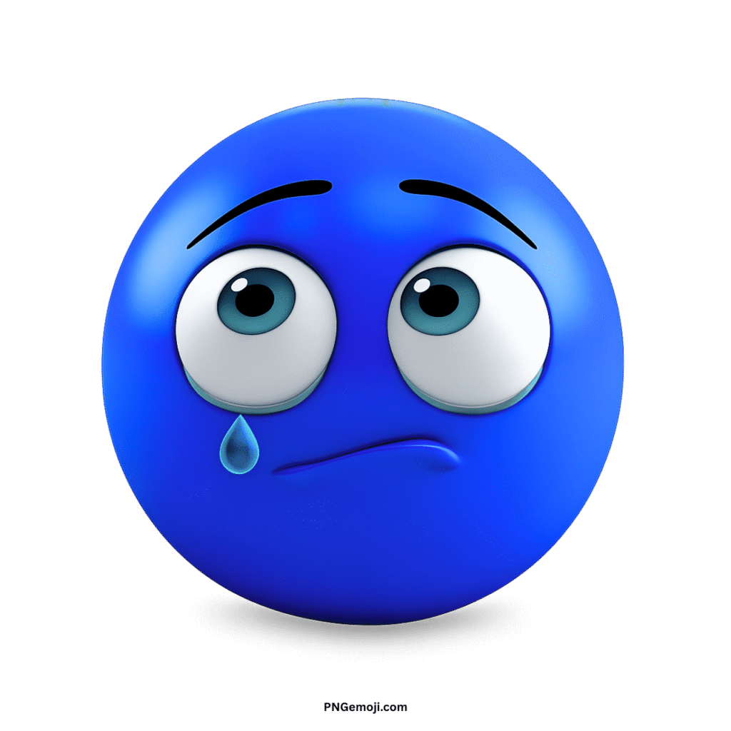 A sad blue emoji with big eyes looking up and a single tear drop on a black background.