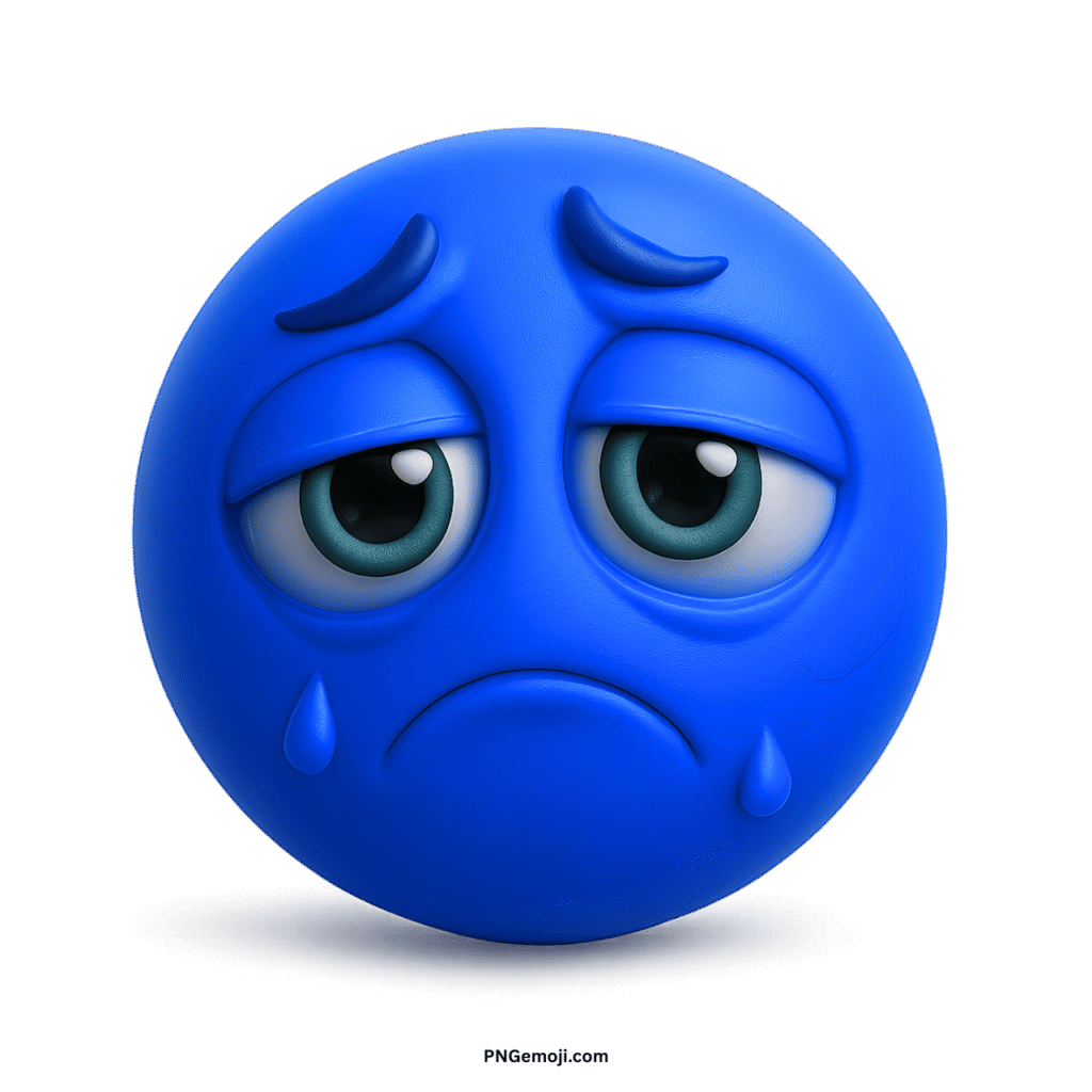 Very sad blue emoticon emoji with tear drops and downturned mouth, expressing deep sorrow.