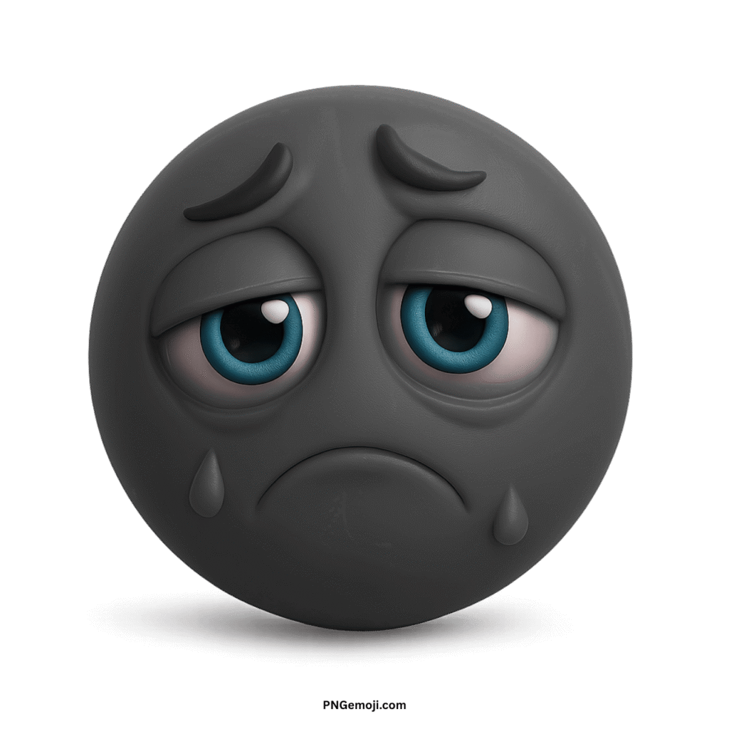 Very sad gray emoticon emoji with blue eyes, tear drops, and a downturned mouth, expressing deep sorrow.