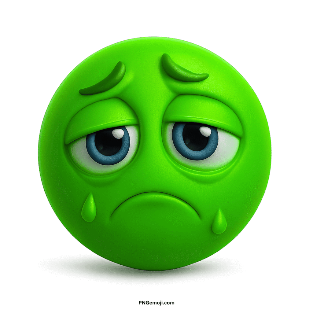  Very sad green emoticon emoji with blue eyes, tear drops, and a downturned mouth, expressing deep sorrow.