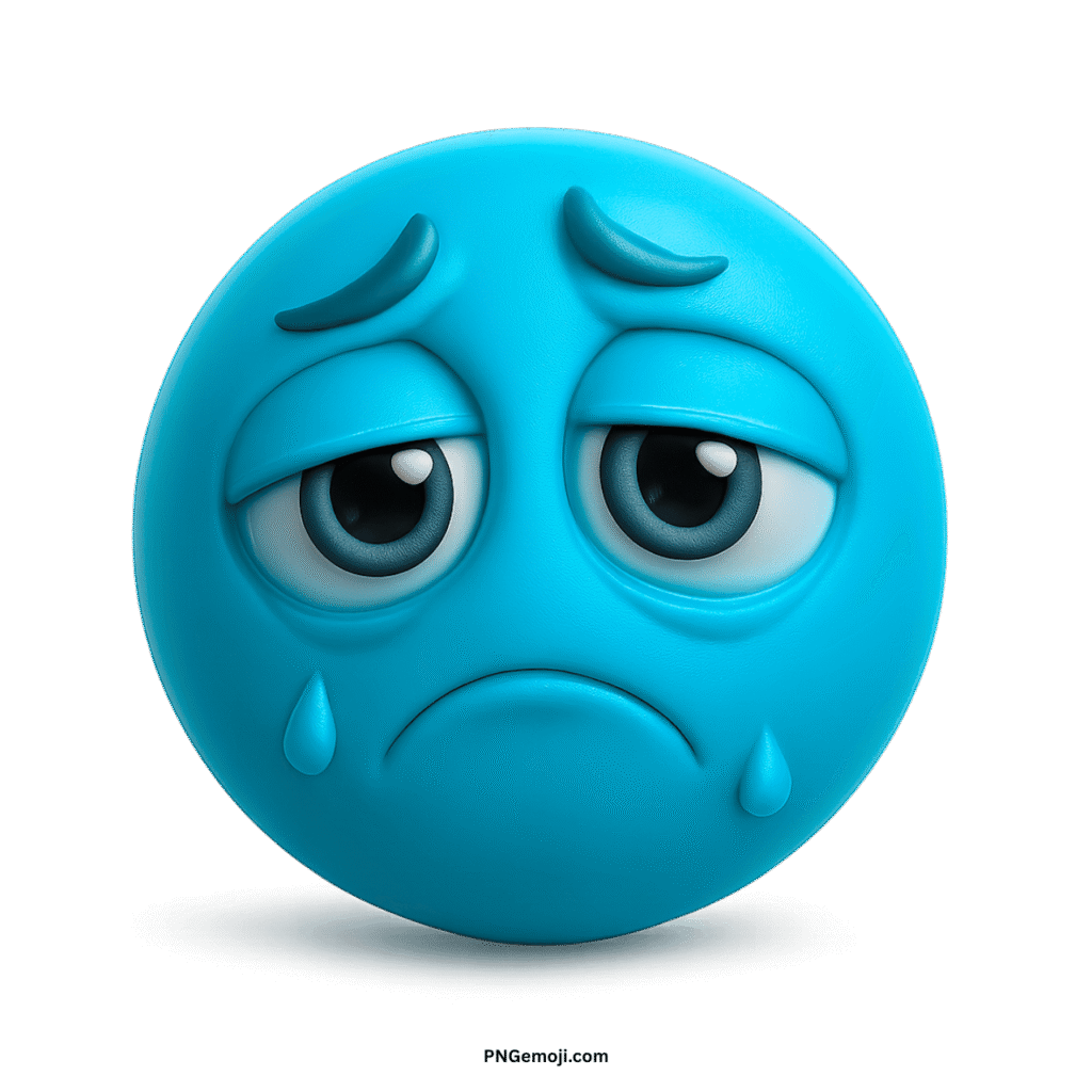 Very sad light blue emoticon emoji with tear drops and downturned mouth, expressing deep sorrow.