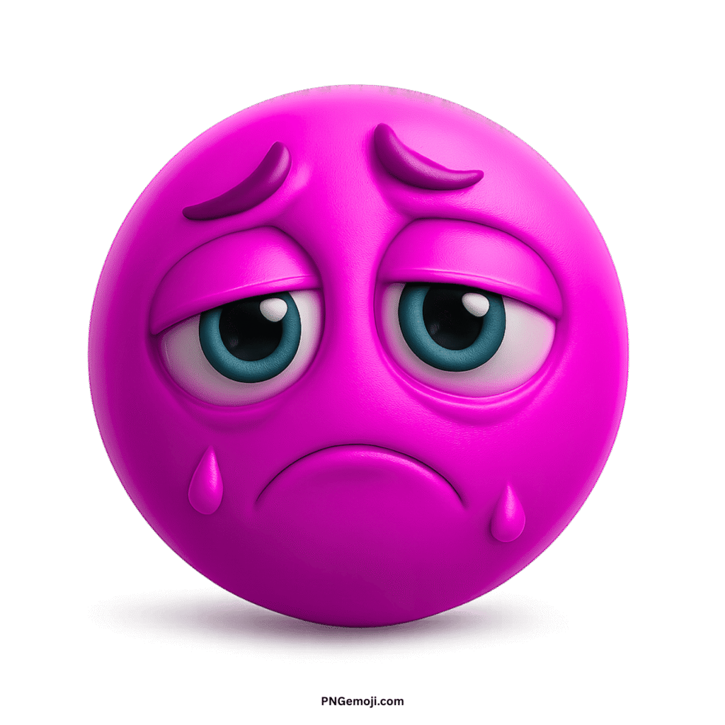 Very sad pink emoticon emoji with blue eyes, tear drops, and a downturned mouth, expressing deep sorrow.