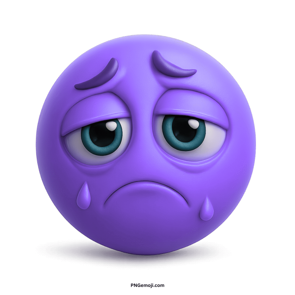 Very sad purple emoticon emoji with green eyes, tear drops, and a downturned mouth, expressing deep sorrow.