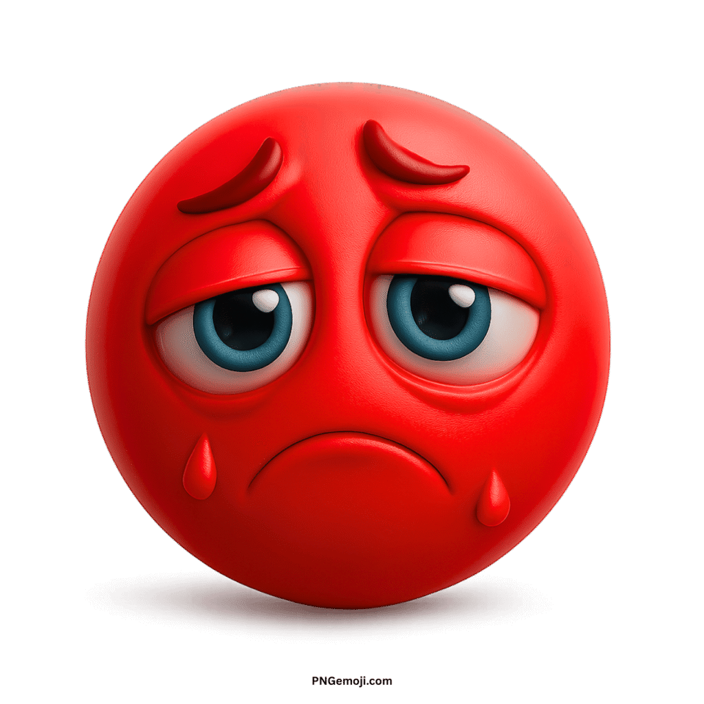 Very sad red emoticon emoji with blue eyes, tear drops, and a downturned mouth, expressing deep sorrow.