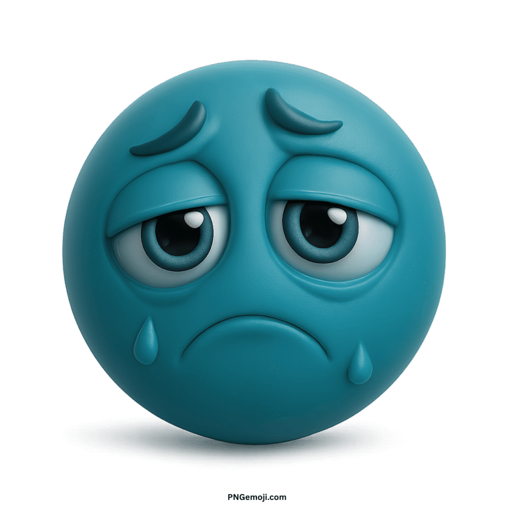 Very sad teal emoticon emoji with tear drops and downturned mouth, expressing deep sorrow.