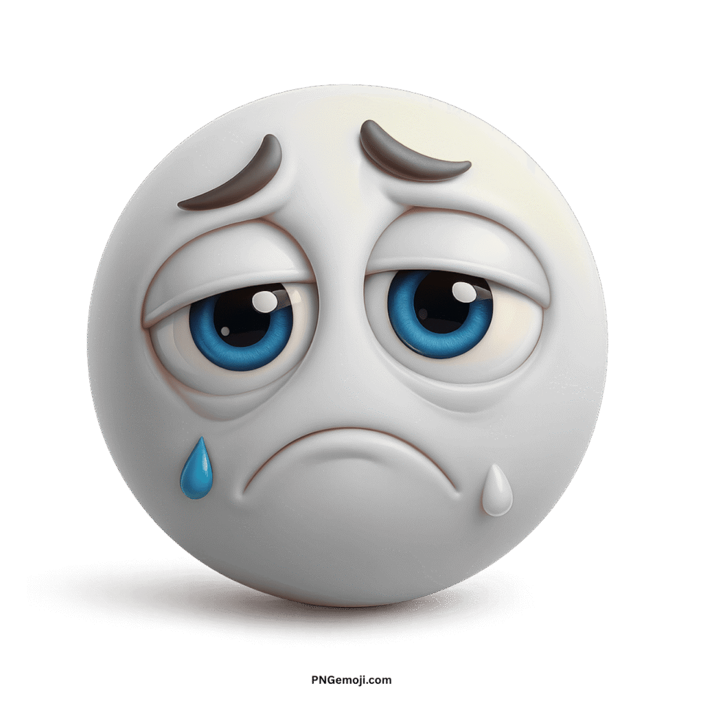 Very sad white emoticon emoji with blue eyes, tear drops, and a downturned mouth, expressing deep sorrow.