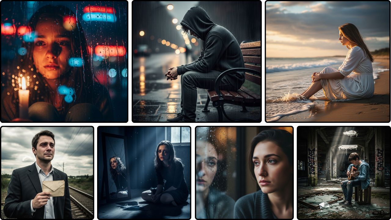 Sad emotional people sitting alone in rain, beach, candlelight, broken mirror, and reflection moments