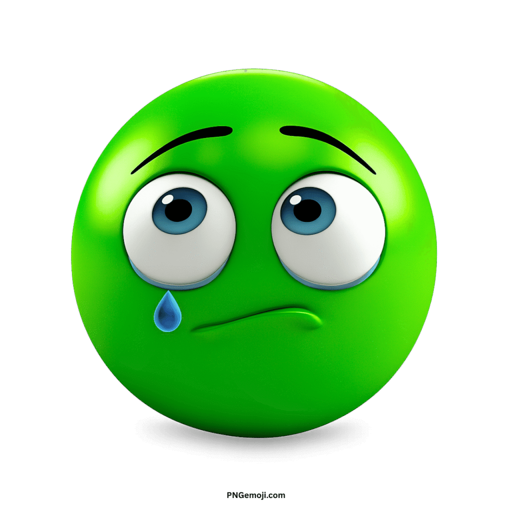  A sad green emoji with big blue eyes looking up and a single tear drop on a black background.