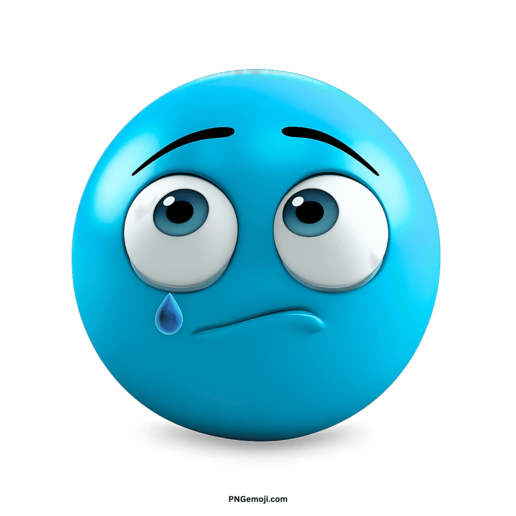 A sad light blue emoji with big blue eyes looking up and a single tear drop on a black background.