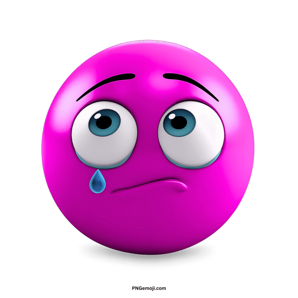A sad pink emoji with big blue eyes looking up and a single tear drop on a black background.