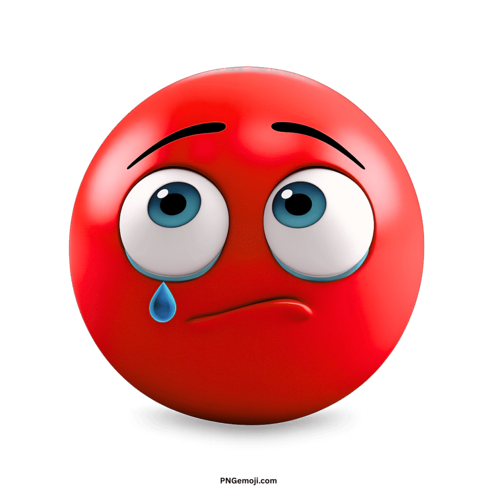 A sad red emoji with big blue eyes looking up and a single tear drop on a black background.