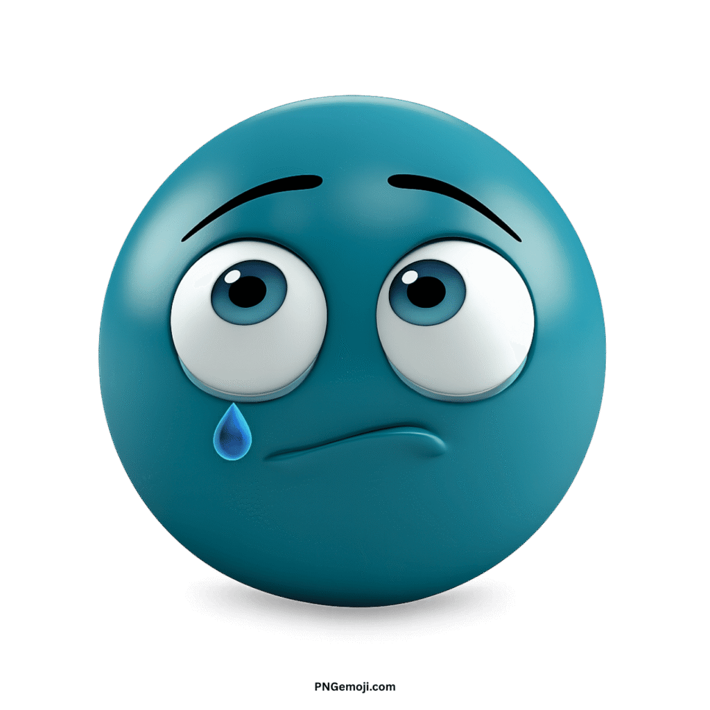 A sad teal emoji with big blue eyes looking up and a single tear drop on a black background.