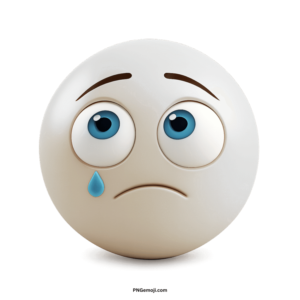  A sad white emoji with bright blue eyes looking up and a single blue tear on a black background.
