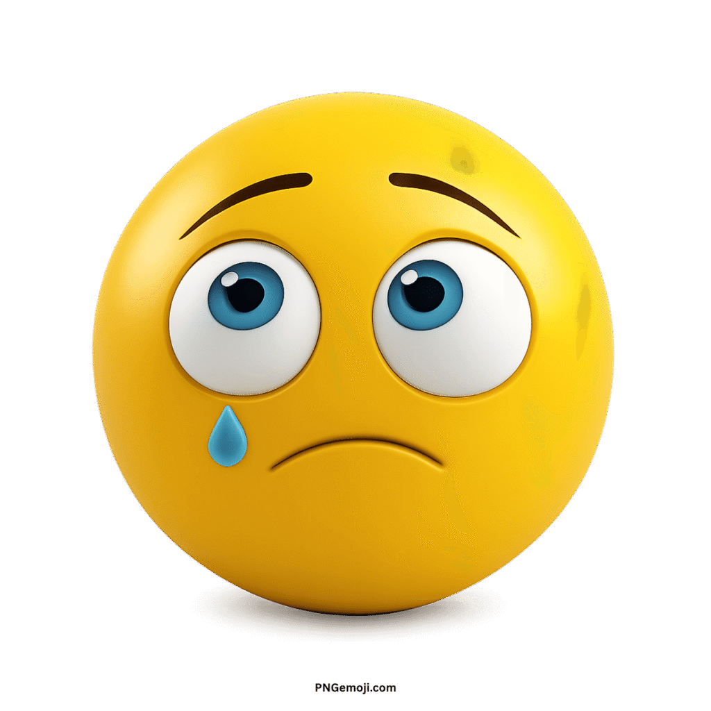  A classic sad yellow emoji with big blue eyes looking up and a single tear drop on a black background.