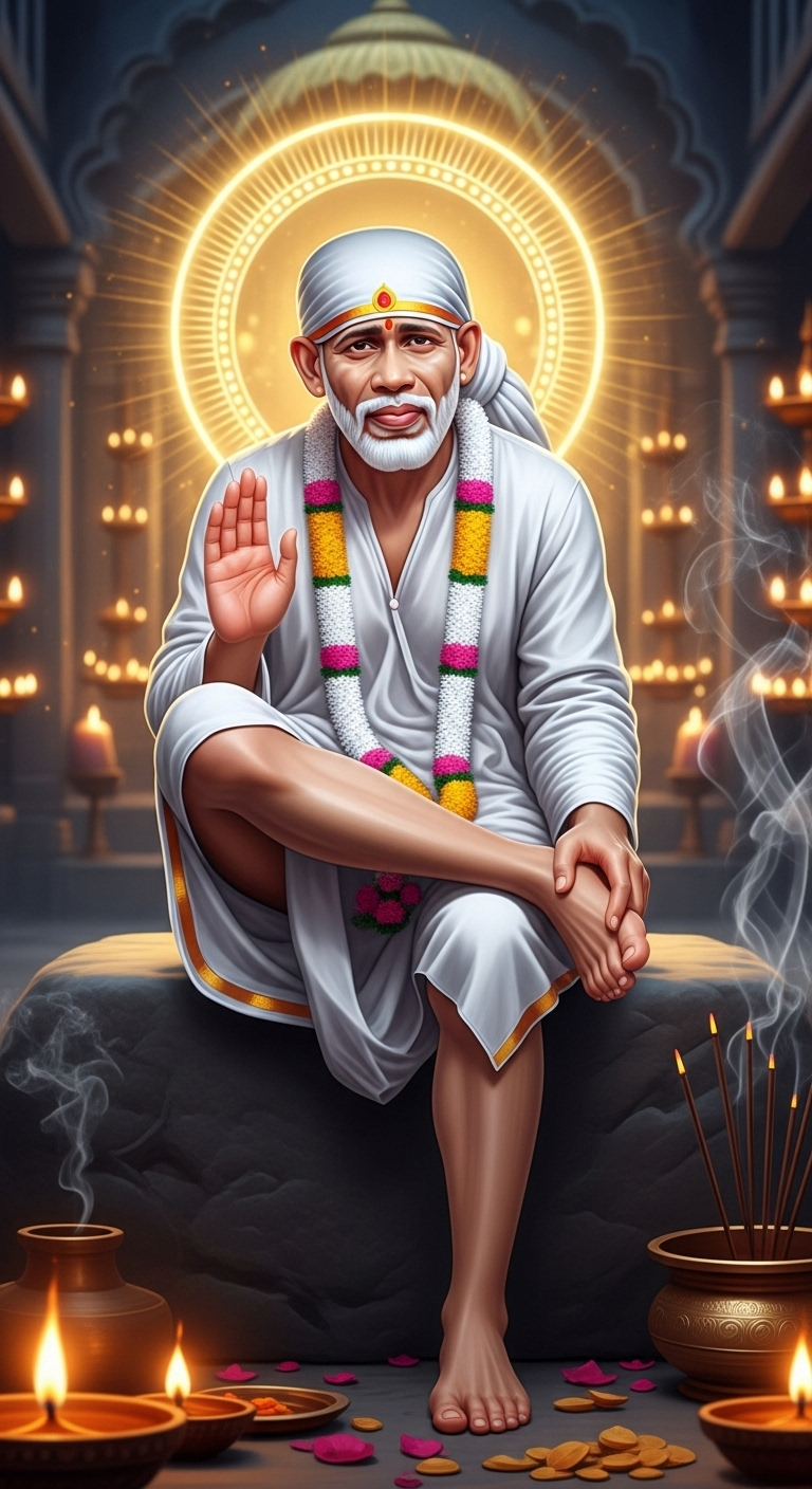 Sai Baba HD wallpaper showing divine blessings in Shirdi temple with spiritual aura