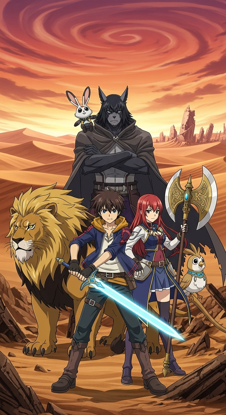 Sands of Destruction anime wallpaper with main characters, lion, wolf, and fantasy desert scene