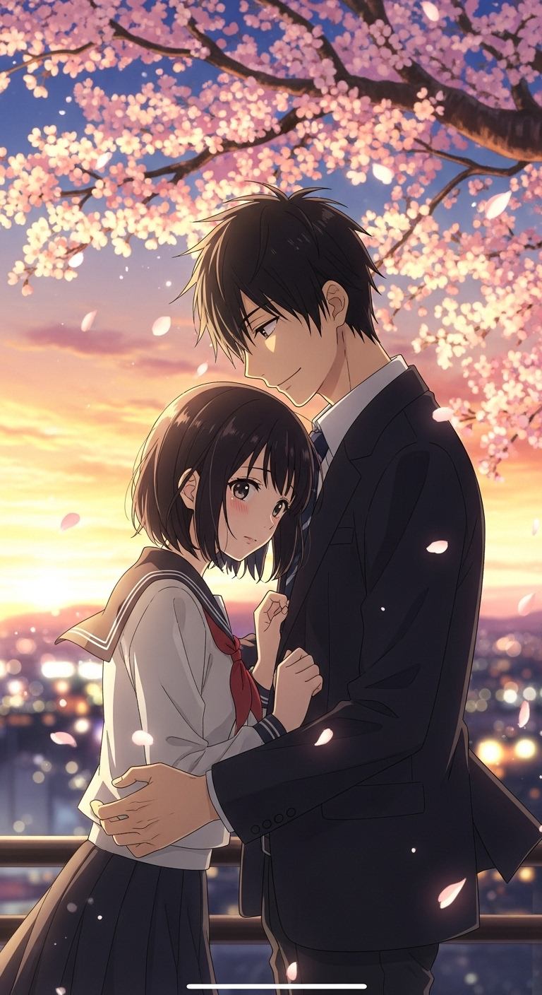 Romantic Say I Love You anime wallpaper with cherry blossoms, sunset and couple embracing tenderly