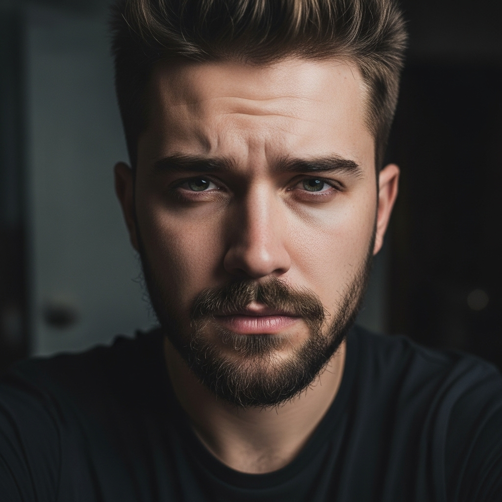 Serious young man with styled hair and full beard, wearing black shirt, close-up portrait against dark indoor background.