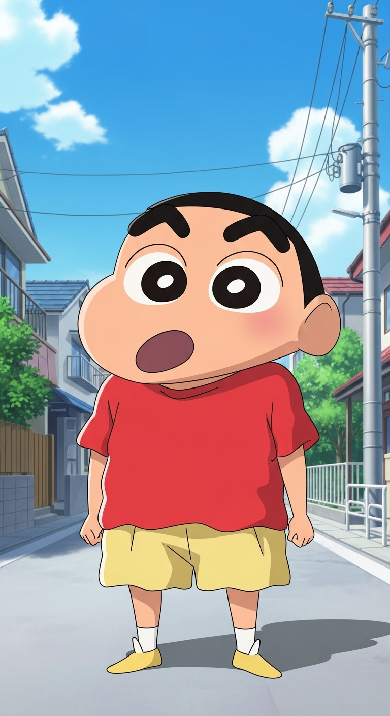Funny Shinchan cartoon wallpaper in red shirt and yellow shorts standing outdoors