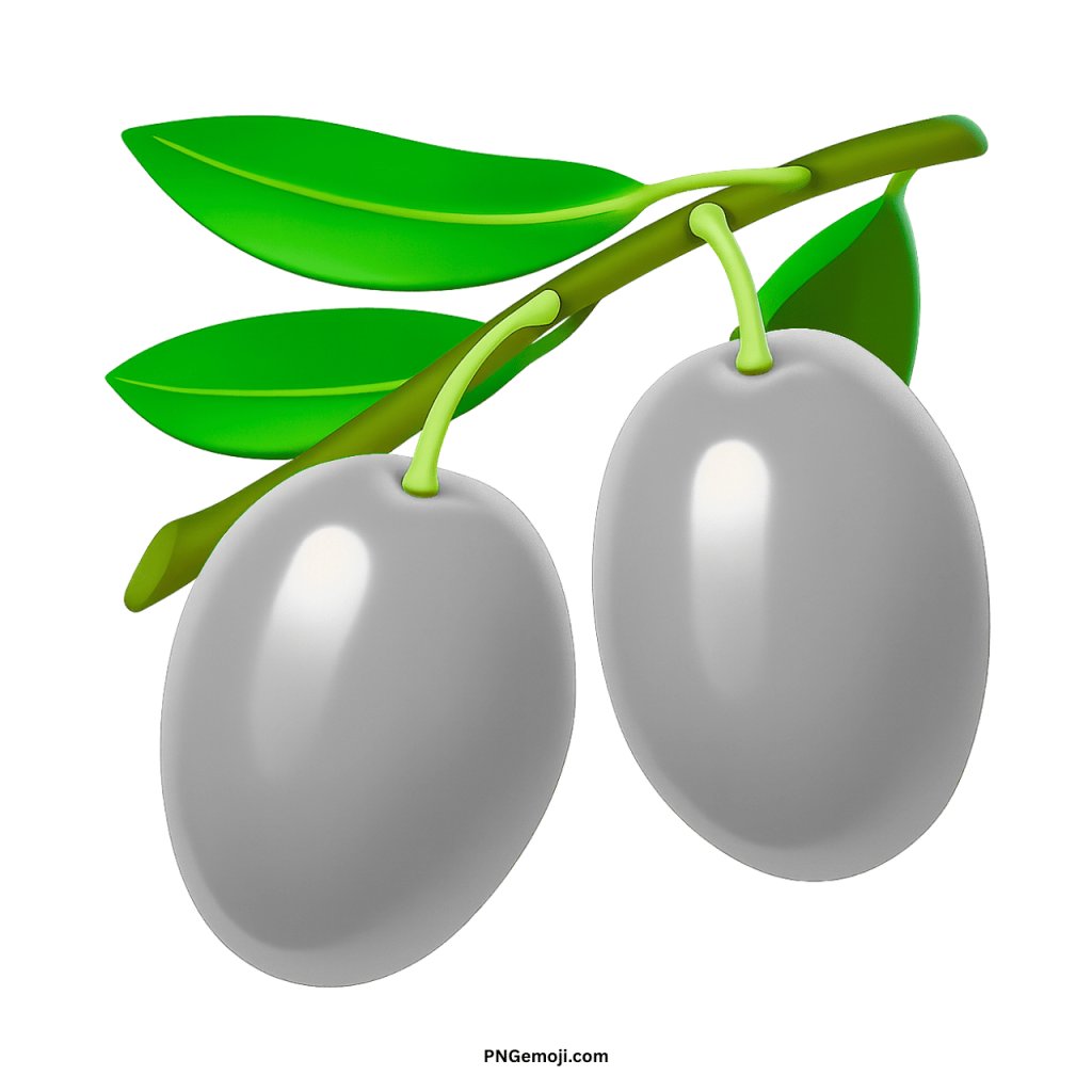  A reflective silver or light grey olive emoji with green leaves on a branch, set against a black background.