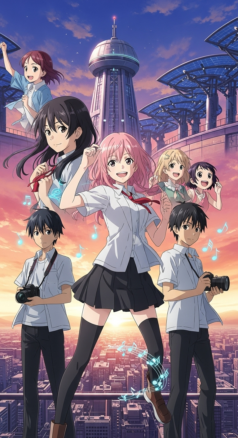 Sing a Bit of Harmony anime wallpaper with friends, music, and sunset city background