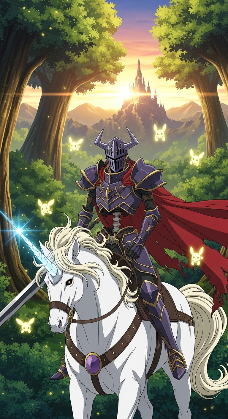 Skeleton Knight in Another World anime wallpaper with unicorn, glowing fairies, and fantasy castle background