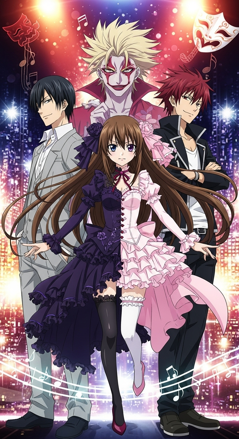 Skip Beat anime wallpaper featuring Kyoko Mogami with Ren, Sho, and Bo in vibrant background