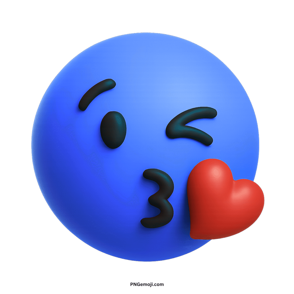 A blue emoji face winking and blowing a red heart kiss, expressing love.