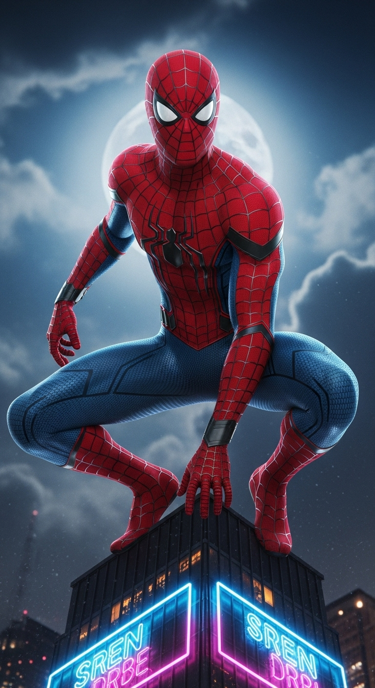 Spiderman 4K HD wallpaper with moon background cityscape night superhero pose