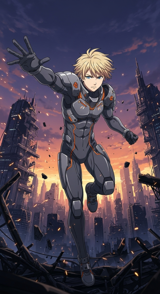 Spriggan 2022 anime wallpaper featuring futuristic armored warrior in destroyed city background