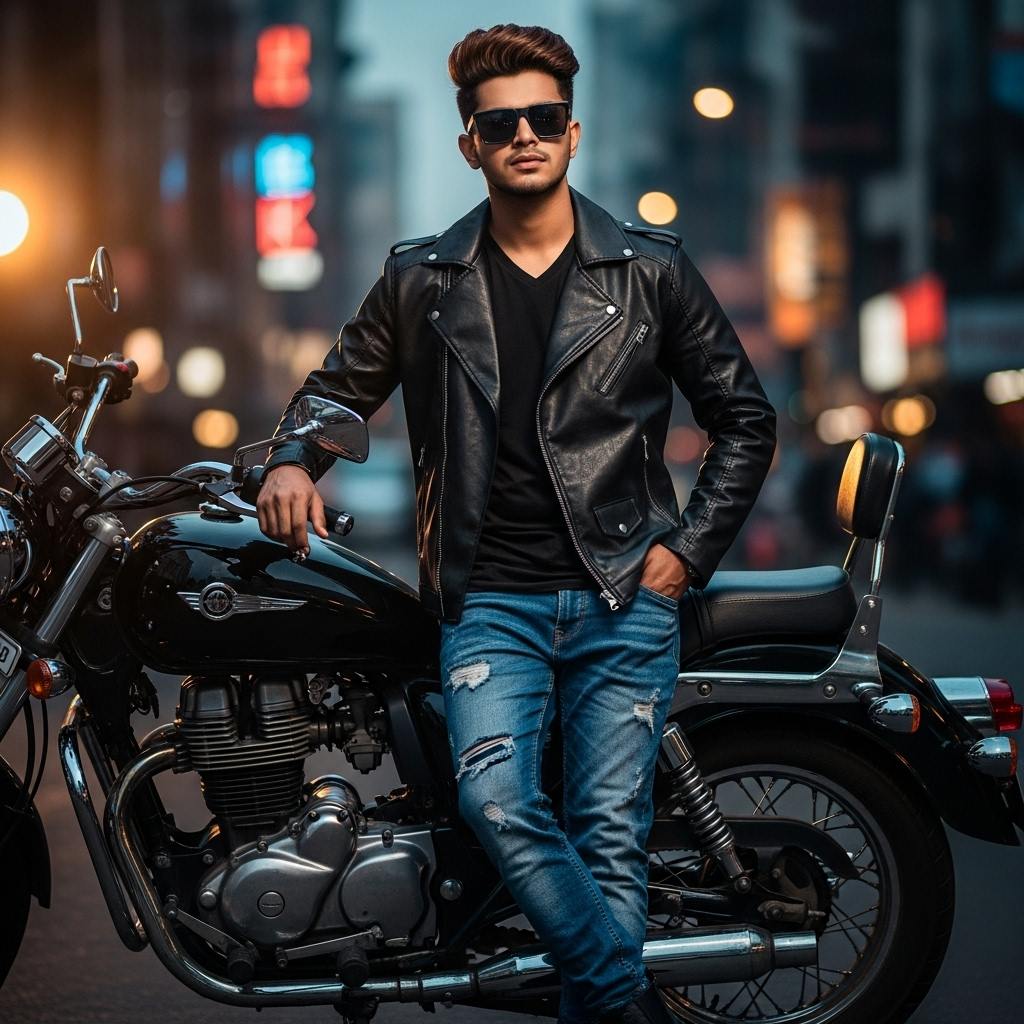Confident young man in black leather jacket leans on sleek motorcycle at neon-lit night street.