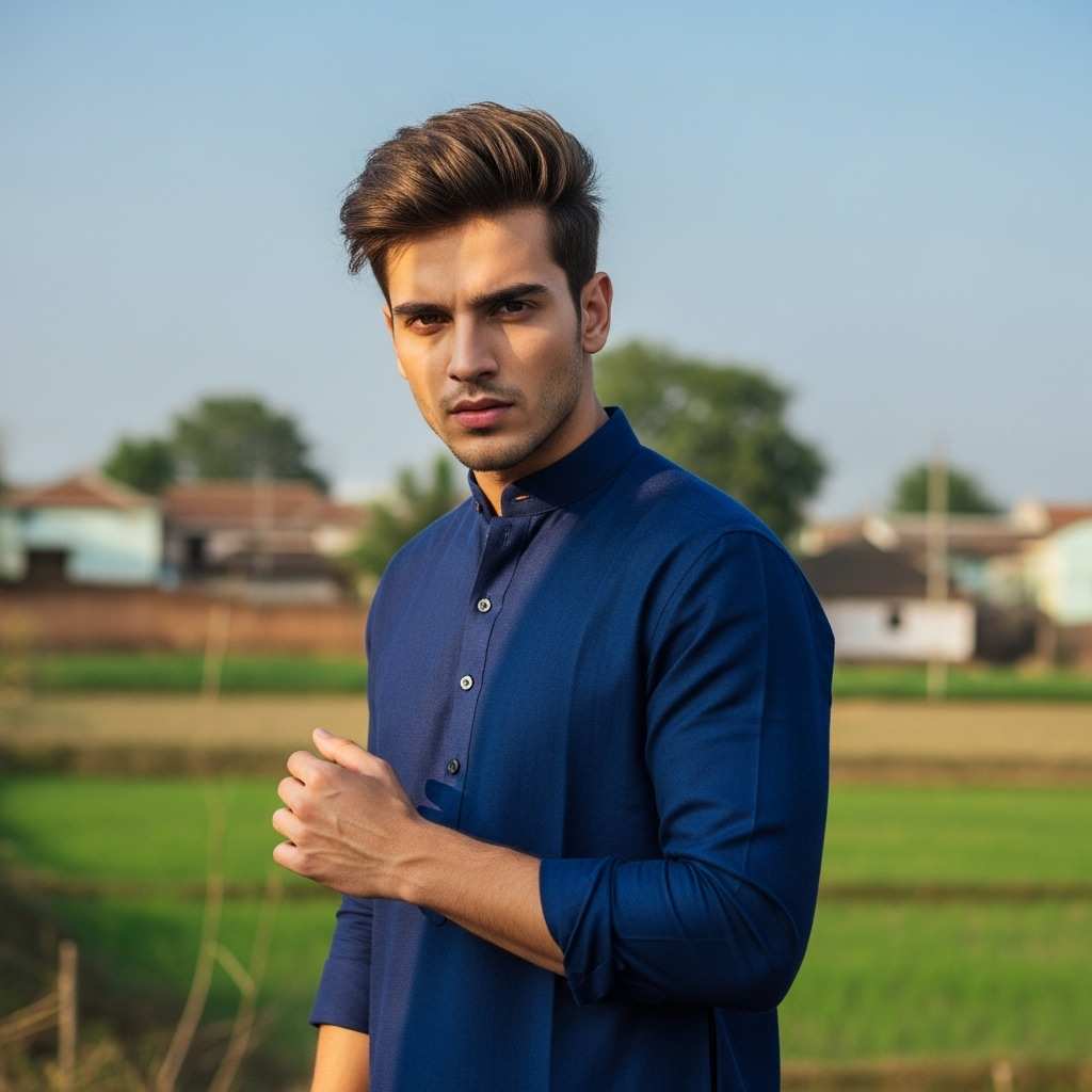 Handsome young man in navy blue kurta poses thoughtfully in lush rural fields.