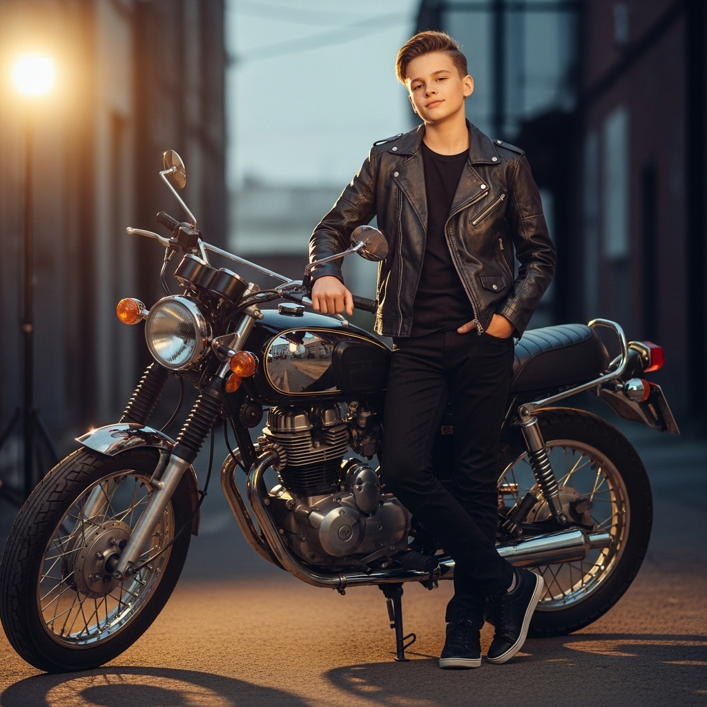 Confident teenage boy with quiff hairstyle in black leather jacket and slim jeans, posing casually with hand on classic black motorcycle against brick-walled city street at twilight glow.