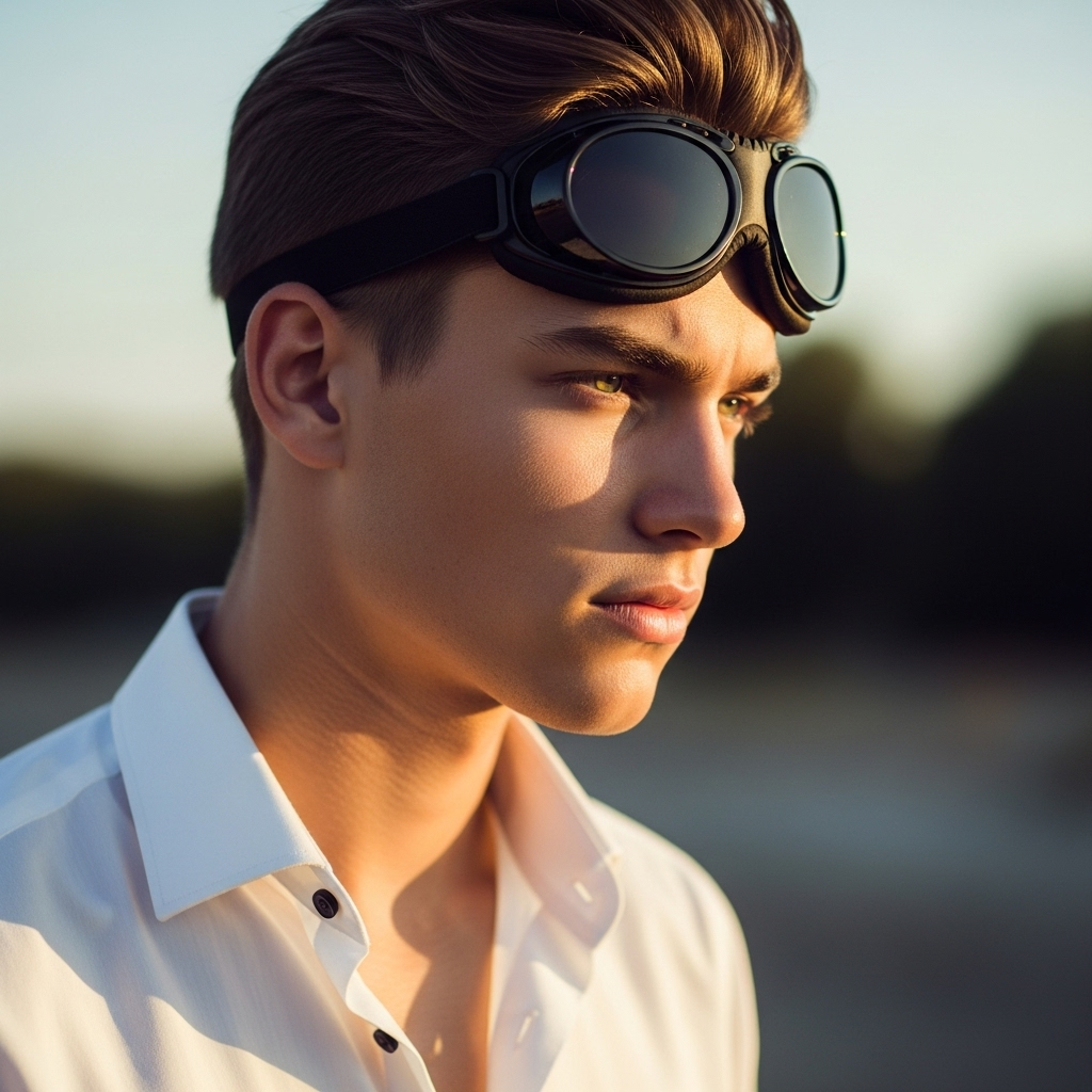 Handsome young man with slicked-back brown hair wearing black aviator goggles and white shirt, gazing sideways in golden sunset light by lakeside.