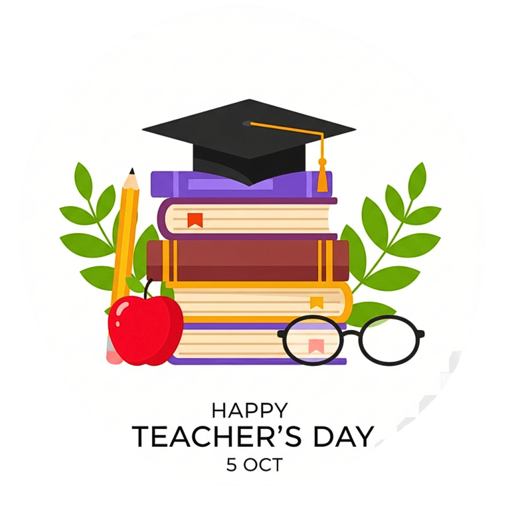 Happy Teacher's Day, 5 Oct with stacked books, apple, and graduation cap.