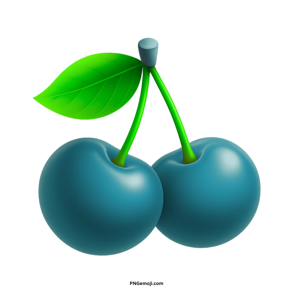 A pair of glossy teal-colored cherries with a bright green leaf.