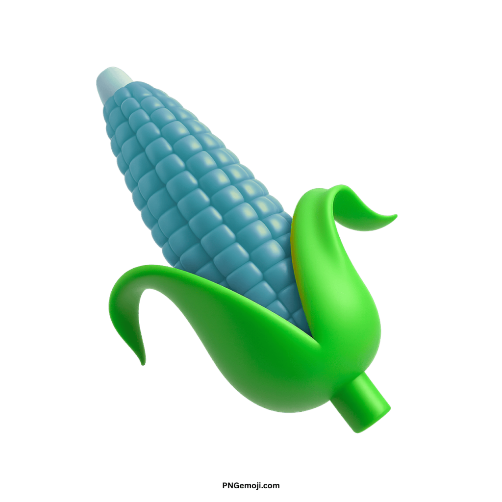 3D teal ear of corn emoji with green husk digital cartoon illustration