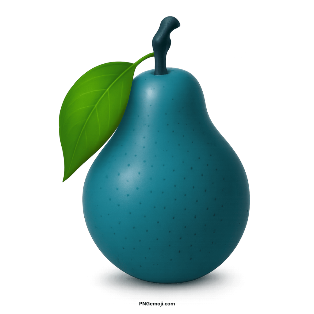 A deep teal pear with a matching stem and a bright green leaf on a dark background.