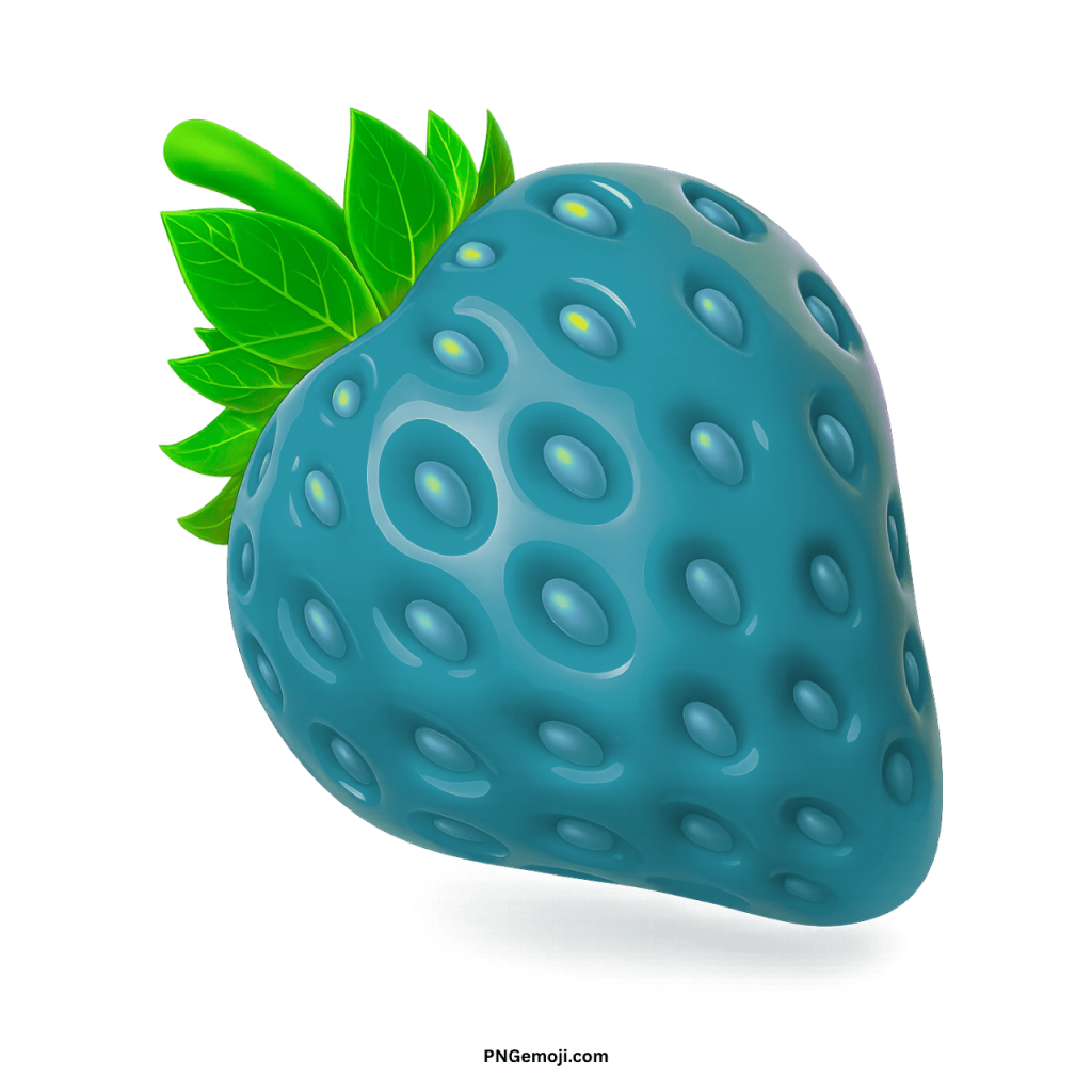  A vibrant, glossy teal-colored strawberry with subtle yellow seeds and green leaves on a black background.