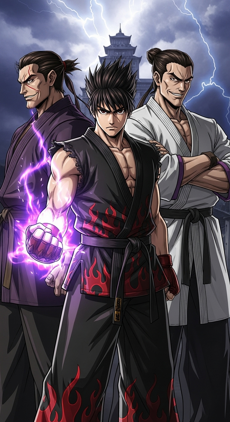 Tekken Bloodline anime wallpaper featuring Jin Kazama with Kazuya Mishima and Heihachi Mishima