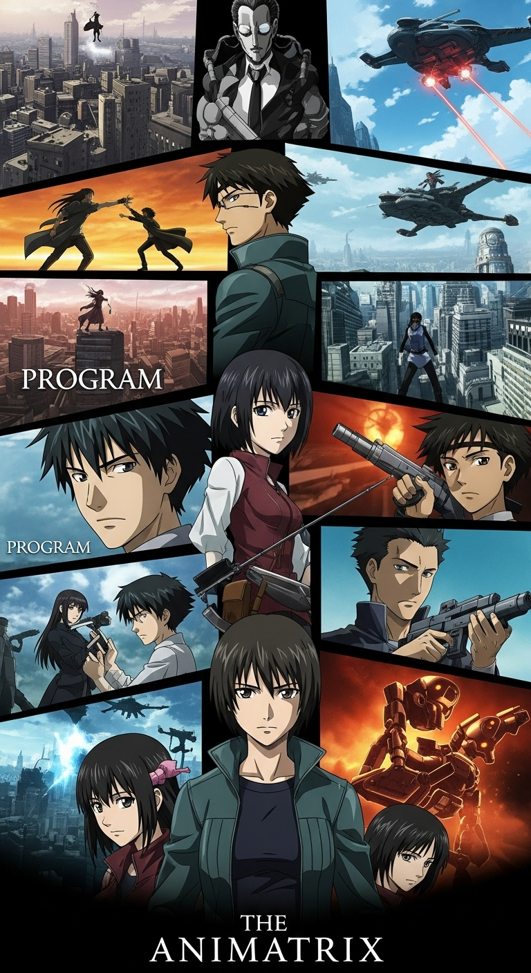 The Animatrix Program anime wallpaper featuring futuristic city, characters, robots, and epic sci-fi action scenes