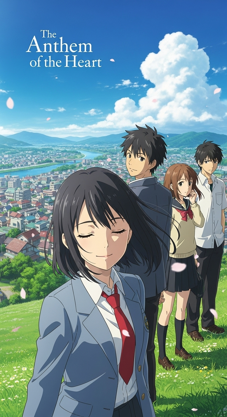 The Anthem of the Heart anime wallpaper with main characters and scenic background